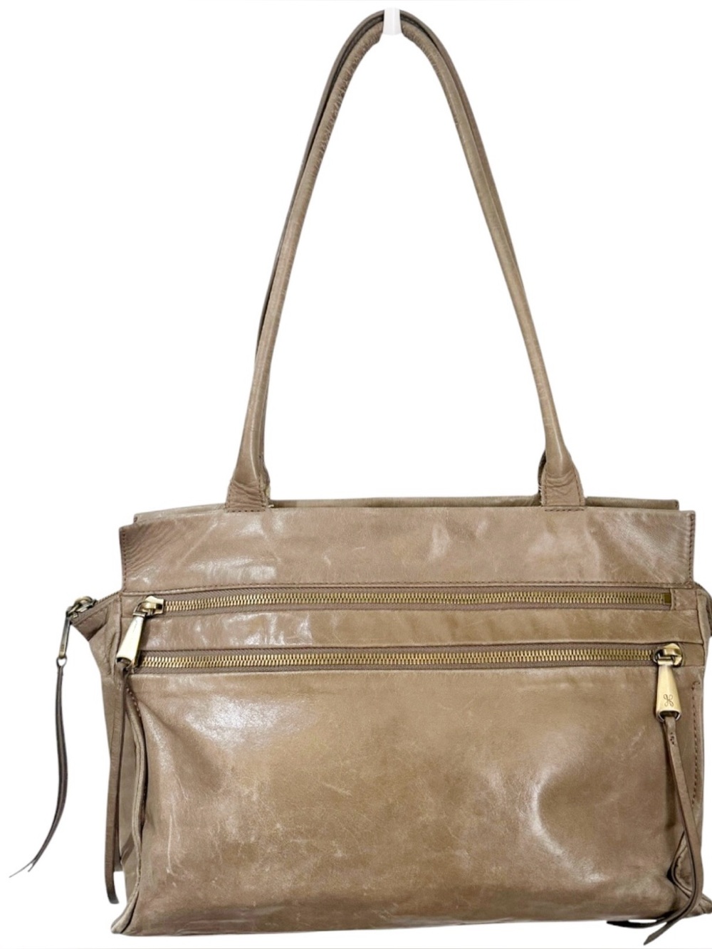 HOBO Seeker Taupe  Tan Leather Lightweight Soft Zip Shoulder Bag Tassels Clean